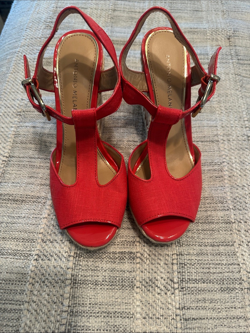ANTONIO MELANI Red T-Strap Open-Toe Slingback Heels